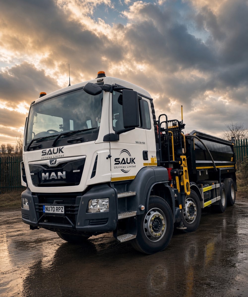 SAUK MAN grab lorry with crane and tipping body, ready for a project-rate hire