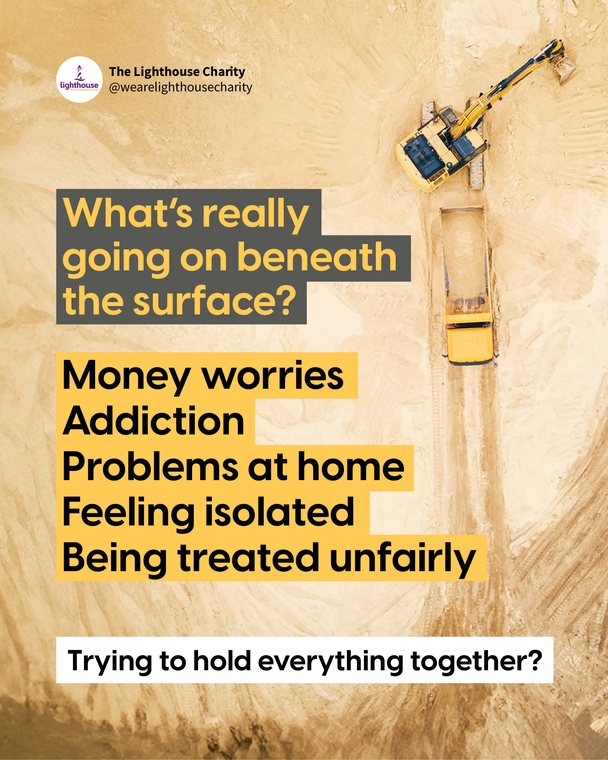 Lighthouse Charity poster — what's really going on beneath the surface? Money worries, addiction, problems at home, feeling isolated, being treated unfairly. Trying to hold everything together?